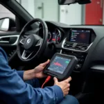 A mechanic using diagnostic equipment to troubleshoot a car engine.