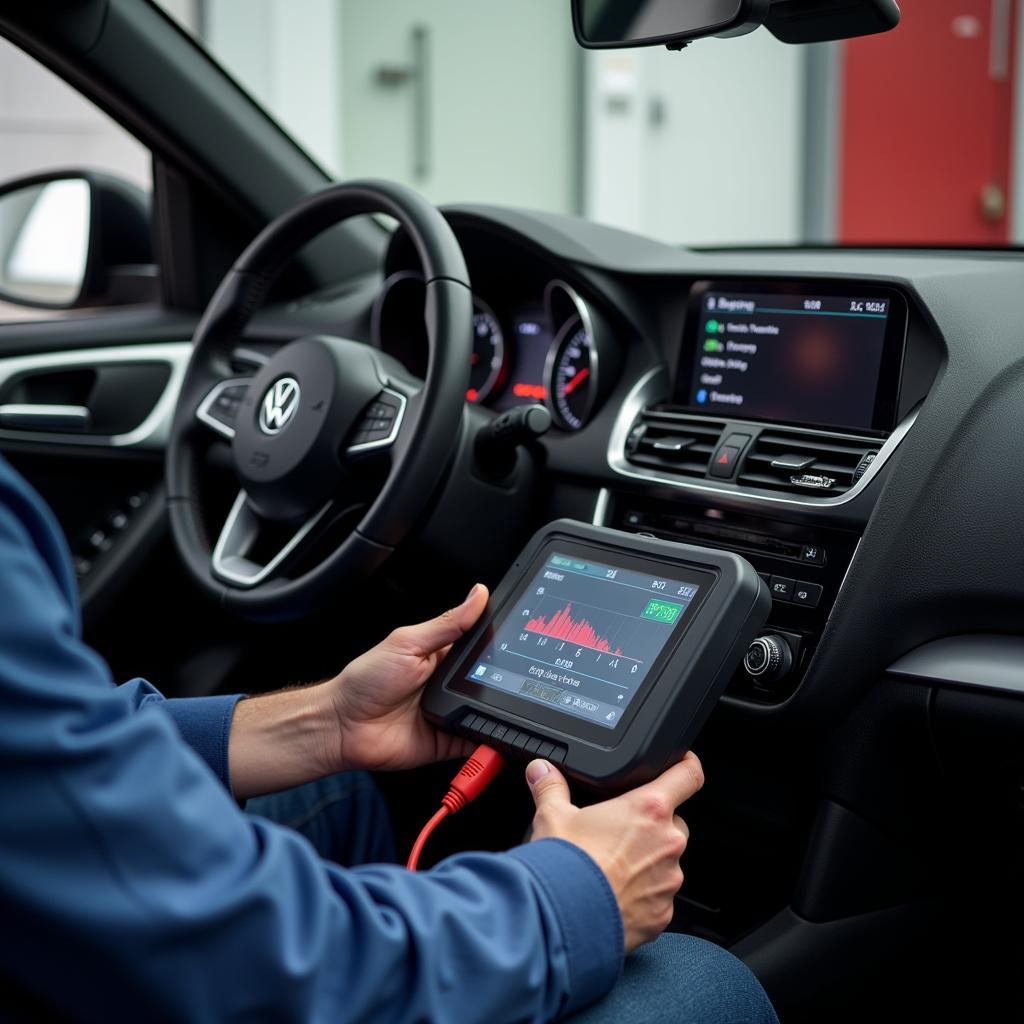 A mechanic using diagnostic equipment to troubleshoot a car engine.